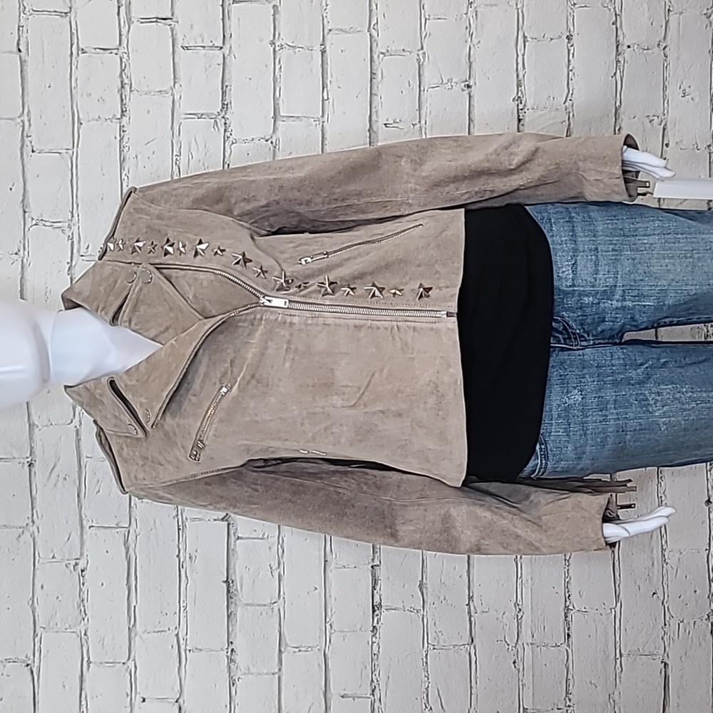 Bagatelle Suede Fringe and Star Studded Cropped Moto Jacket in Sand/Taupe - NWT